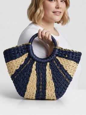 Navy and Natural Woven Straw Tote Bag